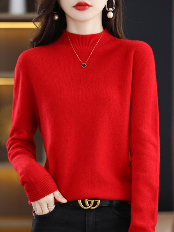 Aliselect High Quality Autumn Winter 100% Merino Wool Sweater Mock-Neck Long Sleeve  Women Knitted Basic Pullover Clothing Tops