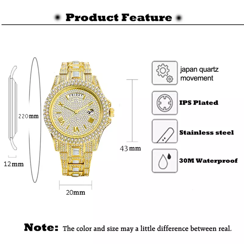男性用の豪華なゴールドの腕時計,男性用の腕時計,耐水性,光沢のあるダイヤモンド,クォーツ