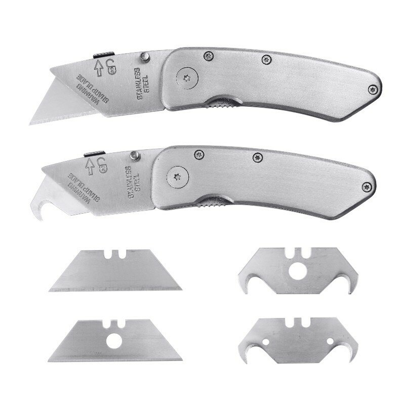 Folding Alumínio Alloy Utility Pocket Knife, Cortador de caixa com cinto Clip, Lâminas de troca rápida portátil, Armazém Carpet Knife
