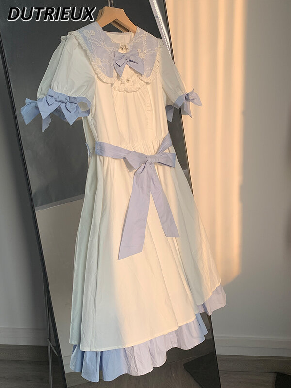 Vestido Midi ajustado de princesa para mujer, Vestido de manga corta con solapa y cordones, Color blanco y azul, Verano
