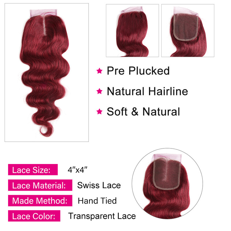 Bundel rambut manusia gelombang tubuh dengan penutup 99J/Burgundy berwarna 3 bundel dengan penutup rambut tenun ekstensi Remy Brasil