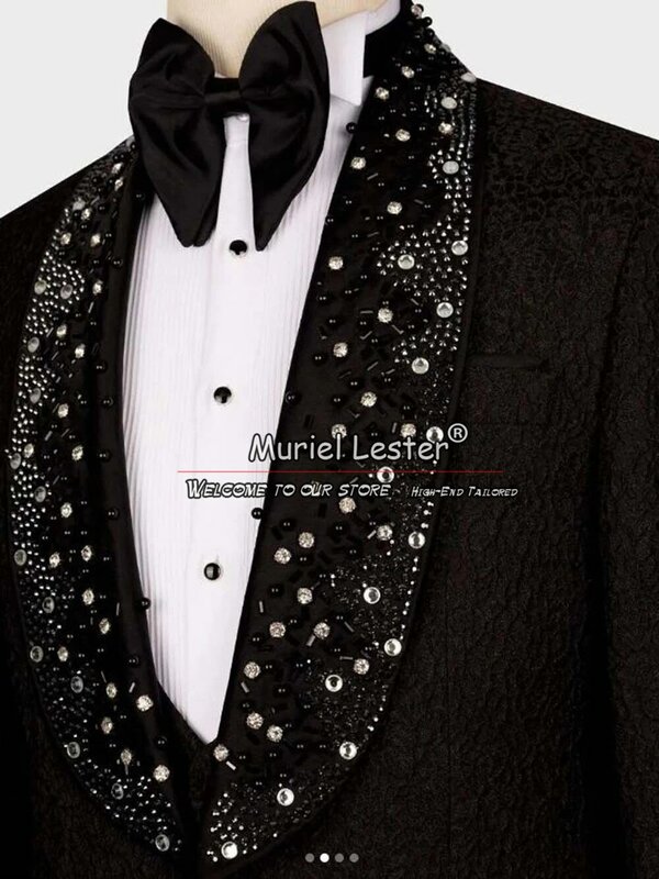 Setelan jas mewah untuk pernikahan pria, Blazer Prom motif bunga bermanik-manik logam, set 3 potong kostum ramping tuksedo pengantin pria