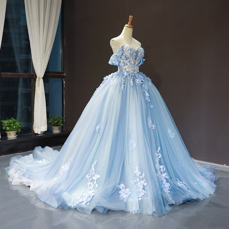 Gaun Quinceanera biru baru klasik bahu terbuka gaun Prom putri gaun bola applique renda dengan ukuran kustom kereta kecil