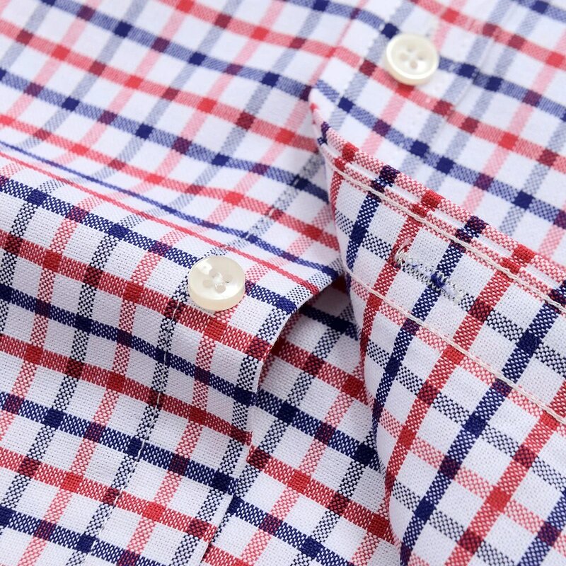 Camisas de algodón Oxford a cuadros informales versátiles para hombre, camisa de manga larga con un solo bolsillo, de ajuste estándar, con botones, a rayas a cuadros vichy
