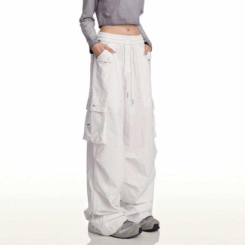 Summer Thin High Waist Loose Fashion Sports Pants Women Solid Button Pocket Drawstring Wide Leg Dancing Casual Straight Trousers