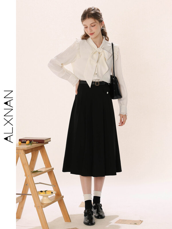 Alxnan สีขาวเสื้อเชิ้ตแสดงอารมณ์สำหรับผู้หญิง, TM00232เสื้อลำลองแขนระบายคอปกเสื้อโบว์ฤดูใบไม้ผลิ2024