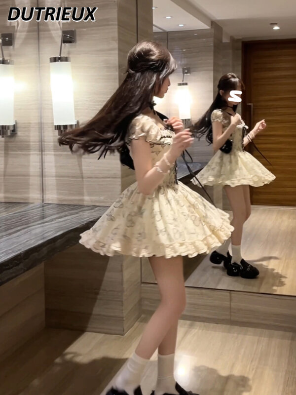 Милое Платье с квадратным воротником и пышными рукавами, женские небольшие сексуальные короткие платья с открытой спиной для девушек