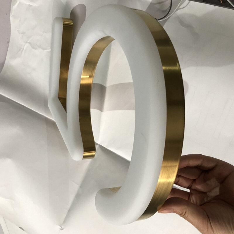 Индивидуальная наружная 3D изогнутая поверхность, сферический акриловый неоновый светодиодный знак магазина, золотой цвет, нержавеющая сталь, имитация неонового знака, логотип
