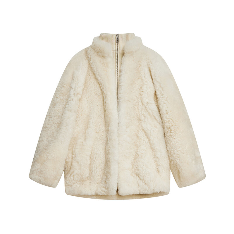 Outono e inverno estilo destacável gola de lã de cordeiro manga longa casaco de pele feminina