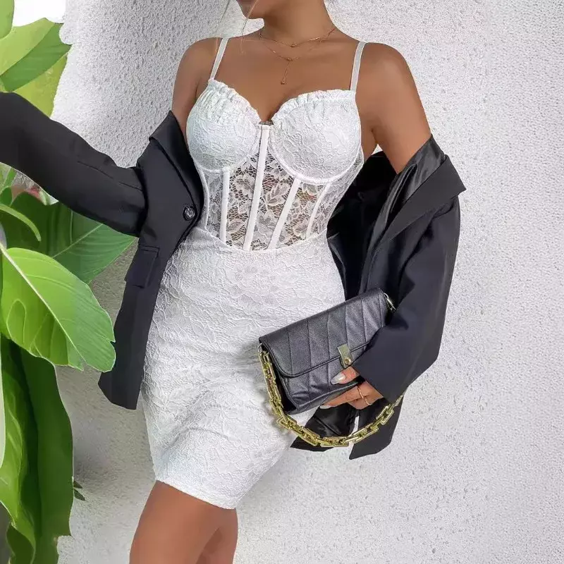 2024 New Hot Selling Streetwear Deep V Low cut Spicy Girl Wrap Hip Skirt with Hollow Lace Splice women wedding dresses CYDZ79