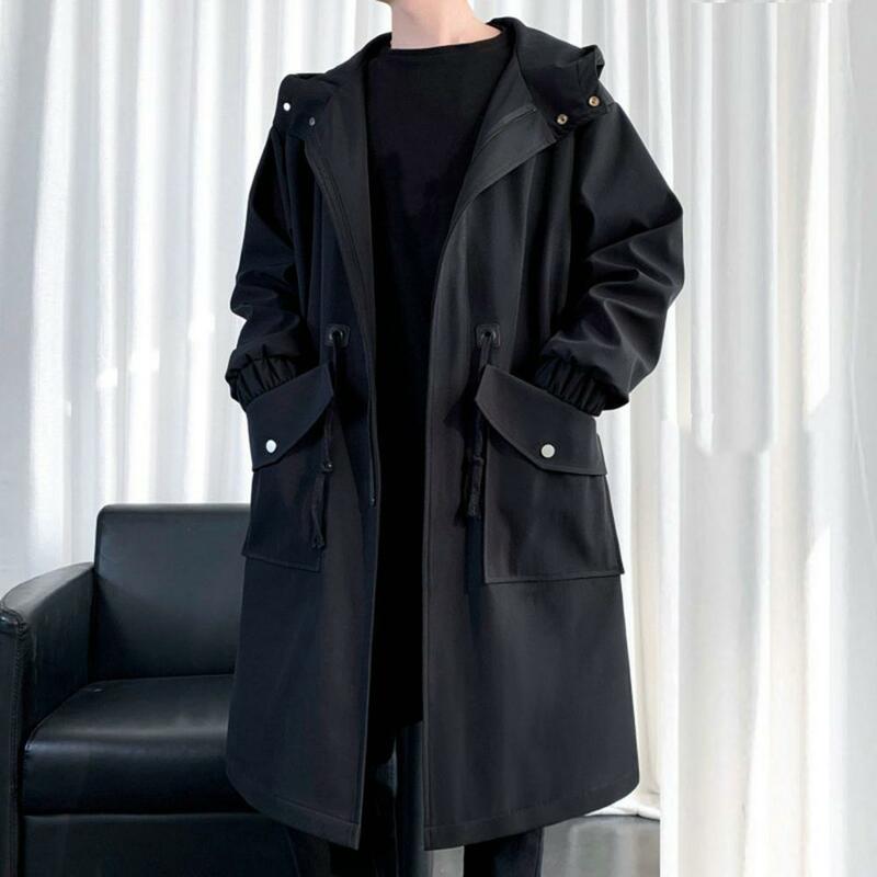 남성용 지퍼 달린 긴 소매 코트, 세련된 남성용 후드 트렌치 코트, 큰 주머니, 방풍 디자인, 중간 길이 단색