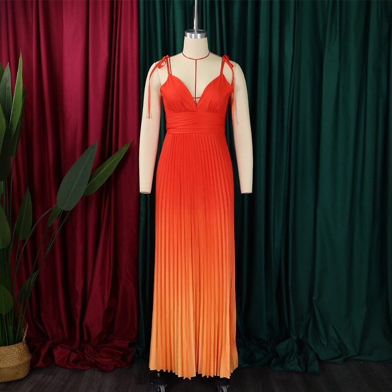 Long Pleated Colorblock Women Club Party Dress Deep V Neck Lace Up Spaghetti Straps High Waist Backless Evening Cocktail  Gowns