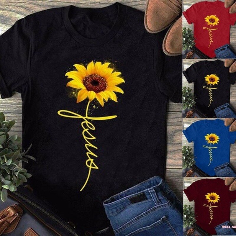 Słonecznik Jesus litery Print T Shirt kobiety krótki rękaw O dekolt luźna koszulka lato kobiety koszulki bluzki Camisetas Mujer