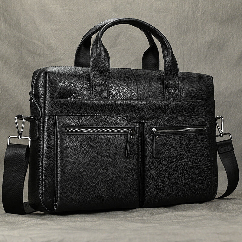 Luufan-maletín de negocios para hombre, bolso de mano de cuero genuino para ordenador portátil, de 15 pulgadas, para oficina, A4