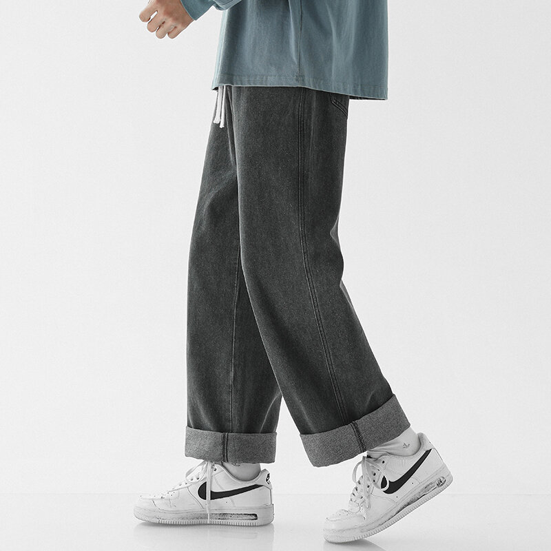 Männer Lose Beiläufige Jeans Koreanische Mode Spitze-Up Hosen Straße Casual Hip Hop Breite Bein Hosen Marke Männer der Kleidung Schwarz Grau Blau