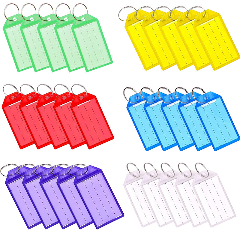 Porte-clés en plastique léger et rapide, carte nominative, anneau fendu, multicolore avec étiquette, bagage, portable, identification de la maison, 30 pièces