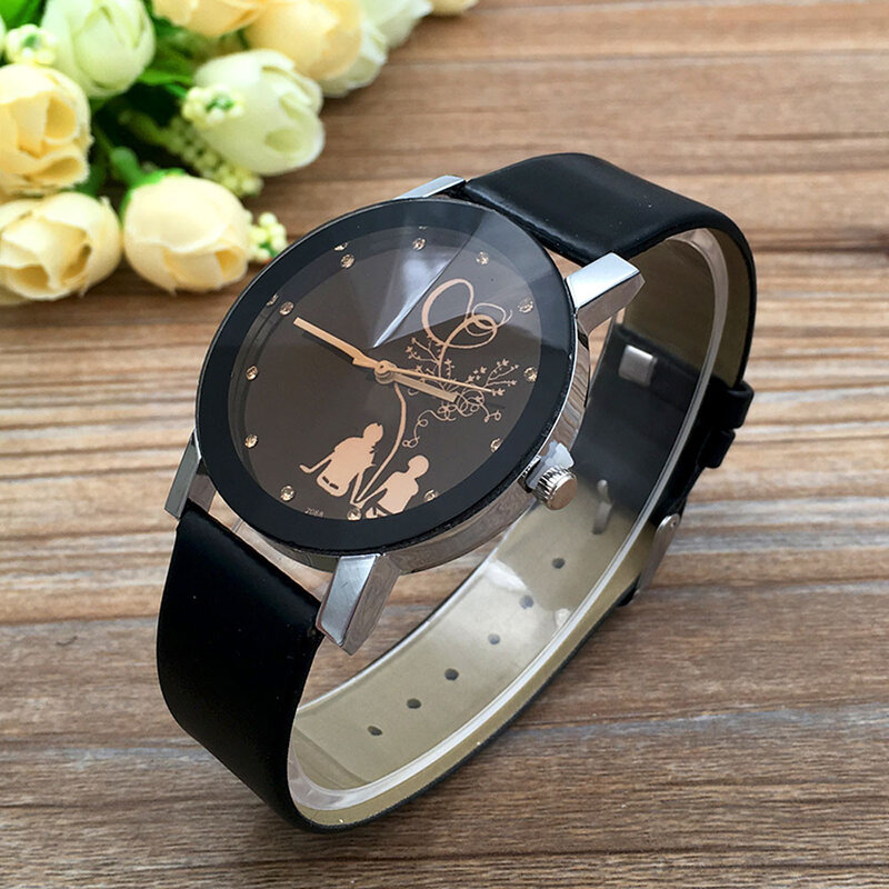 Relógio de vidro redondo elegante para homens e mulheres, casual, pulseira de couro, quartzo, pulso, presente para estudante, casal