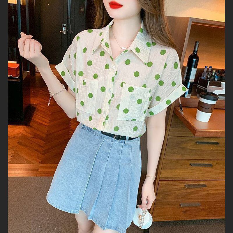 귀여운 프린트 포켓 폴카 도트 쉬폰 셔츠, 루즈 캐주얼 상의, 한국 반팔 블라우스, 여성 의류, 2024 여름 신상