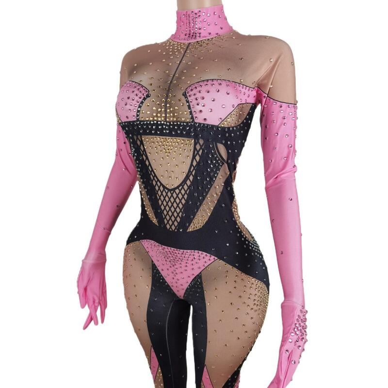Сексуальные розовые женские комбинезоны, женский купальник с принтом для ночного клуба, костюм певицы, костюм на день рождения, танцевальный костюм для шеста, сценическая одежда Drag Queen