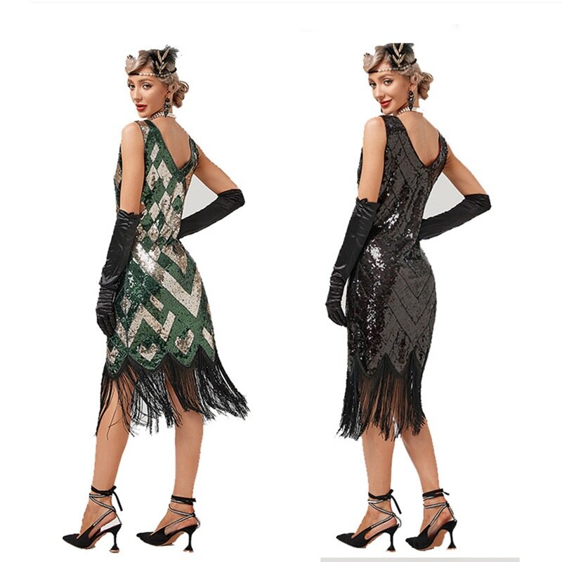 Neue Damen 1920s Vintage Pailletten Quaste Kleid Party Tanz kleid V-Ausschnitt Abendkleid Pailletten kleid Toast Party kleid