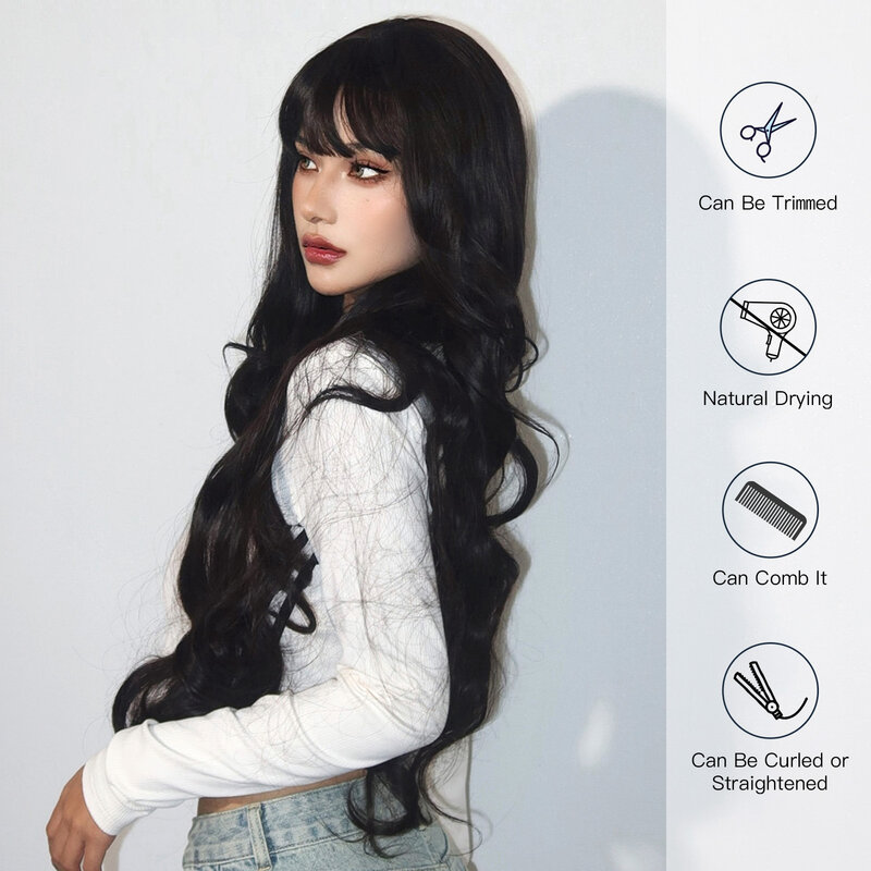 Super Long Wavy Black Wig Synthetic Natural Wave WIgs with Bangs for White Women Heat Resistant Natural Hair Cosplay Daily Wig