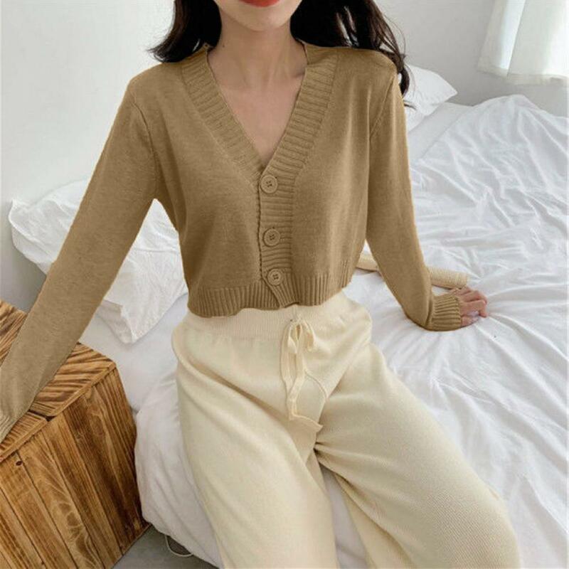 Stylish Single-breasted Button Down Knitted Cropped Women Spring Sweater One Size Women Spring Sweater Female Clothes
