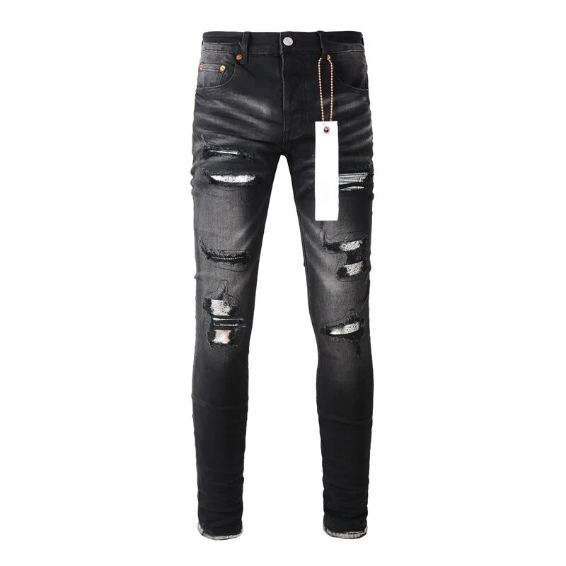 Ungu ROCA merek Jeans Fashion kualitas tinggi hitam tertekan mode kualitas tinggi perbaikan rendah naik celana Denim kurus