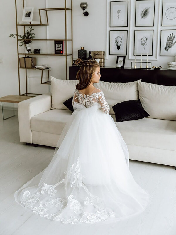 FATAPAESE-vestido branco de dama de honra para meninas, manga comprida floral, renda floral, tule, vestido para casamento, até 2022