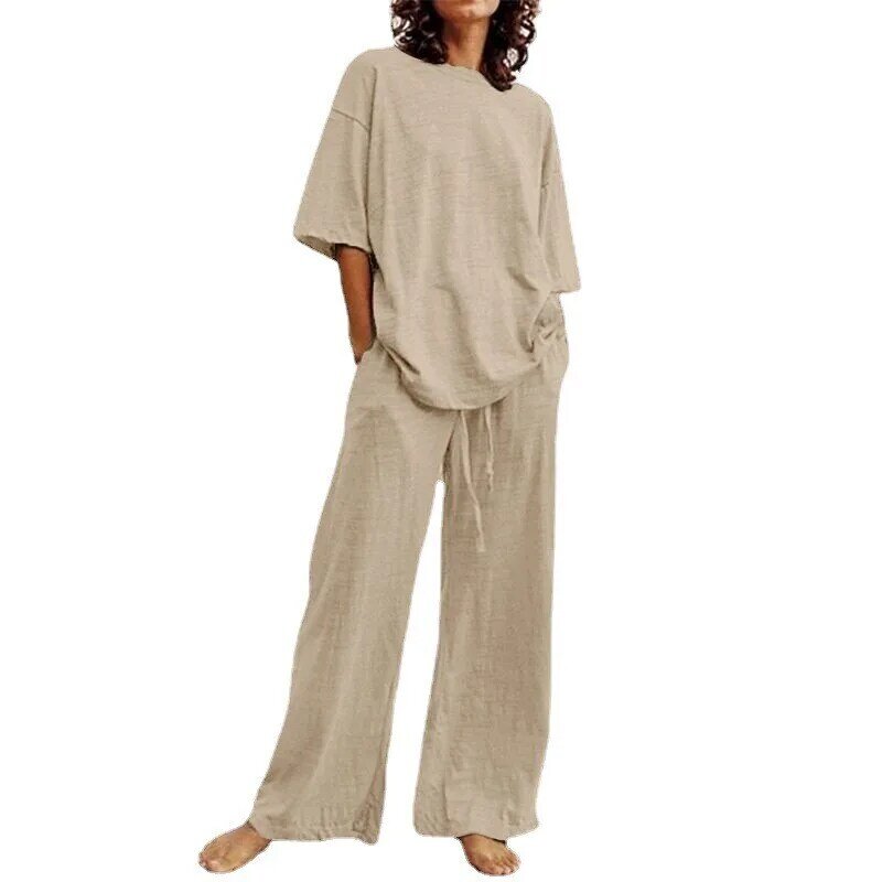 Conjunto de calças largas de meia manga com gola em O e cintura alta para mulheres, roupas casuais de verão, 2 peças