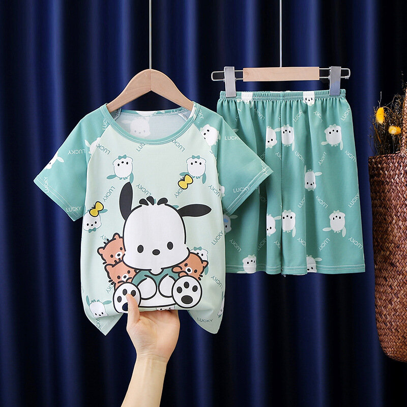 2024 śliczne Anime letnia piżama dziecięca Miniso Cinnamoroll Kuromi Pochacco dziecięca mleczna jedwabna bielizna nocna dziewczyna chłopiec piżamy zestawy prezent