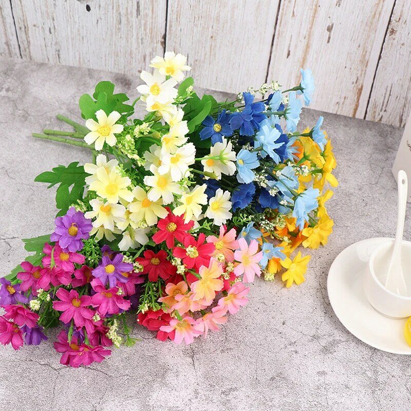 ดอกกล้วยไม้ดอกเดซี่ขนาดเล็ก7-Bunga hiasan ช่อดอกไม้งานแต่งดอกไม้ไหมเทียมดอกไม้ปลอมสดใสขนาดเล็กดอกไม้พลาสติก