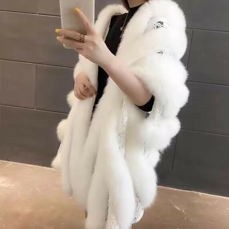 White Fur Shawl Jacket Women's 2023 Autumn Winter New Faux Mink Fox fur Dress Cheongsam Cloak Coats Thicken Warm Short Outwear