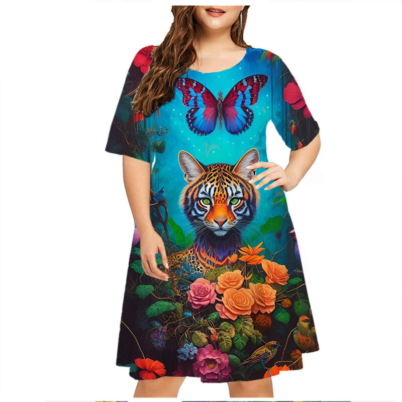 Летнее платье для девочек, женское модное платье с коротким рукавом, женское платье с забавным милым котом, свободное платье большого размера, элегантная одежда