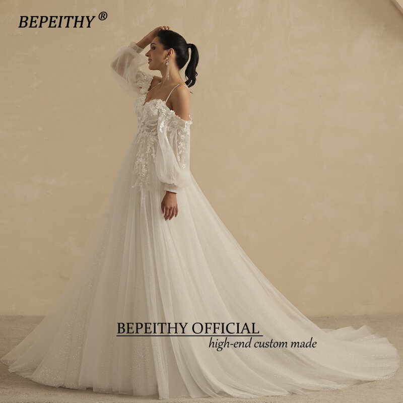 BEPEITHY-연인 반짝이 A 라인 웨딩 드레스, 여성을 위한 2022 신부 분리형 전체 소매 우아한 신부 파티 가운 럭셔리