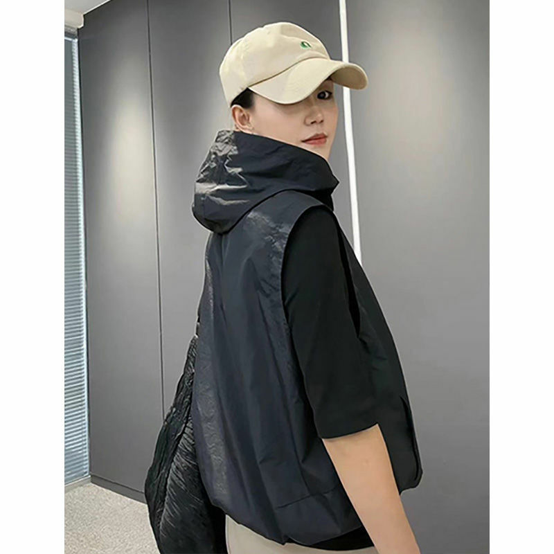 여성용 캐주얼 후드 블랙 조끼, 세련된 루즈 민소매 지퍼 조끼, 한국 패션 드로스트링 포켓, 얇은 코트