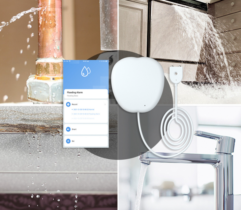 WiFi Tuya สมาร์ทโฮมน้ำท่วมเครื่องตรวจจับสีขาว App น้ำท่วมการตรวจสอบน้ำรั่วสำหรับห้องครัวห้องน้ำ