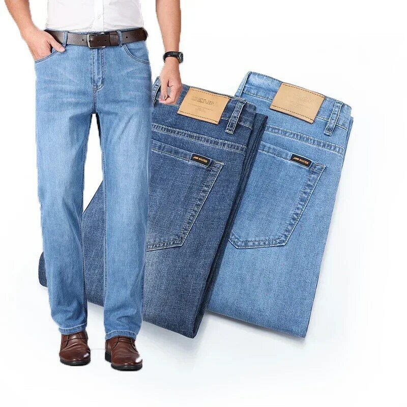 กางเกงยีนส์ขาตรงลำลองธุรกิจสุดหรูสำหรับผู้ชายกางเกงยีนส์กางเกงผ้านิ่มผ้ายืดแบบคลาสสิกปี2024