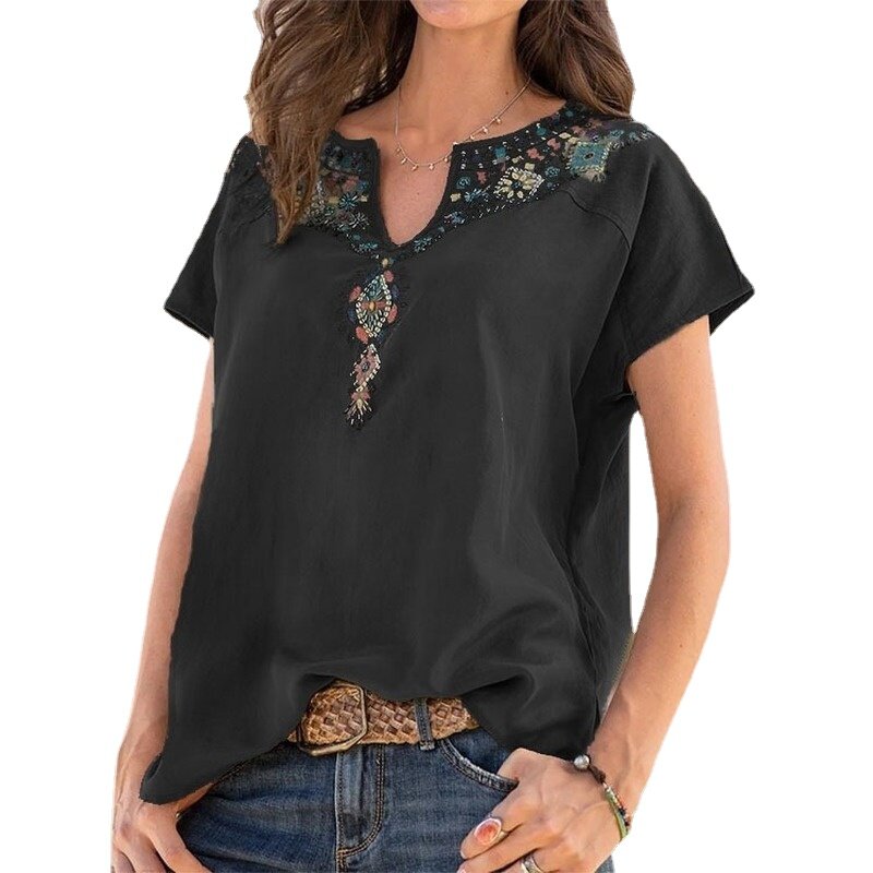 Summer Women Clothing XS-5XL Fashion Loose Western Ethnic Style V-Neck Top Short Sleeve T-Shirts Neckline Printing All Match Top