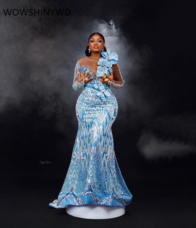 2024 Aso Ebi Sky Blue Mermaid Prom Dresses Beaded Sequined Evening Formal Party Second Engagement Birthday Gowns Dresses ZJ120