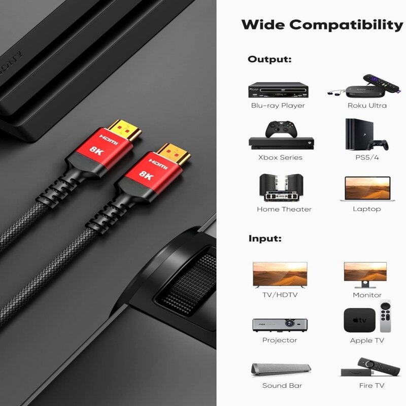 Длинные кабели 8K HDMI 2,1, 48 Гбит/с, высокоскоростная оплетка Cord-4K @ 120 Гц 8K @ 60 Гц, Совместимость с Roku TV/PS5/PS4/HDTV/RTX 3080 3090