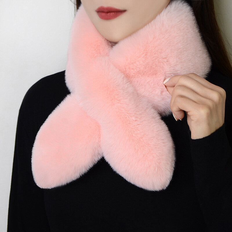 Bufanda de piel de conejo sintética para mujer, bufanda de redecilla de felpa suave y gruesa, cuello calentador de cuello cruzado de Color sólido para exteriores, moda coreana, Invierno