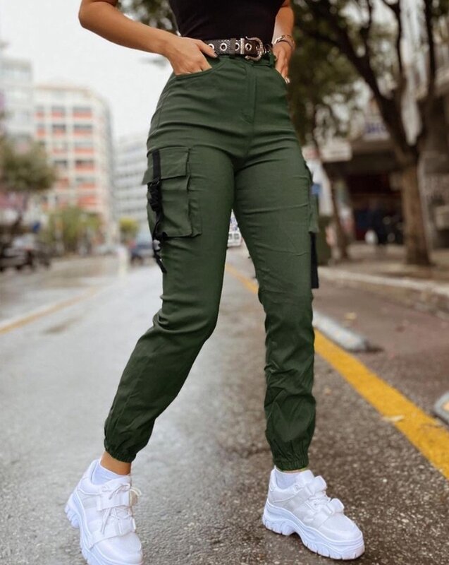 Pantalon cargo taille haute à revers coupe couvertes pour femme, pantalon long skinny, design de poche, élégant, mode, 03 travail, 2023