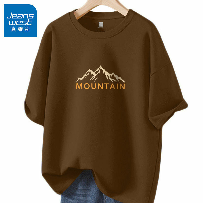 Camiseta feminina de manga curta estampada de montanha, pulôver casual solto, algodão puro, blusa com o pescoço, confortável básico, camiseta de verão, M-6XL
