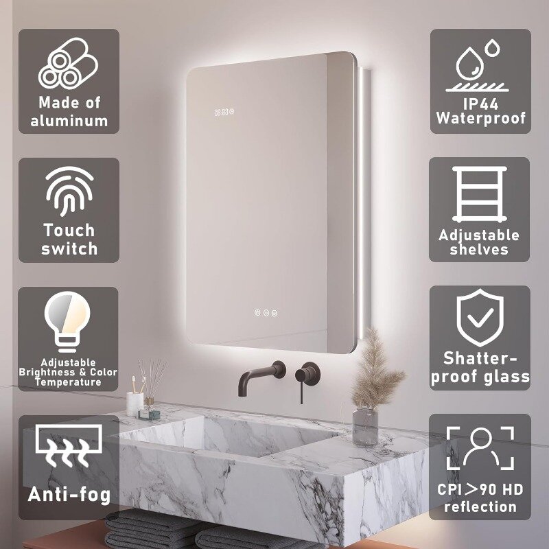 Шкаф для ванной комнаты диагональю 20X28 дюймов с искусственными лампами, 3 цвета, яркость, защита от запотевания, отображение времени и температуры