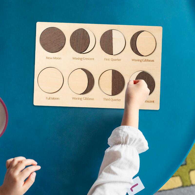 Teka-teki fase bulan kayu hadiah edukasi prasekolah edukasi dini Puzzle blok kayu untuk bayi anak laki-laki perempuan