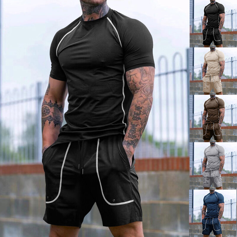 Summer New Men's Sports Suit Striped Spliced Round Neck Short-sleeved T-shirt Shorts Two-piece Sportswear Fitness Training Wear