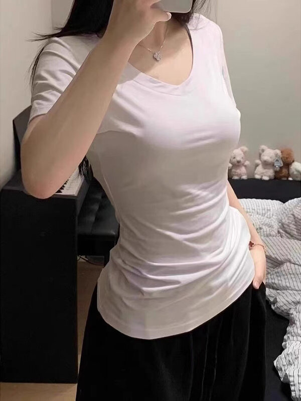 Damska modna na co dzień jednolita kolorowa koszulka koreańska seksowna z krótkim rękawem w szpic topy Slim koszulki letnie Streetwear spodnie, spódnice Basic koszule