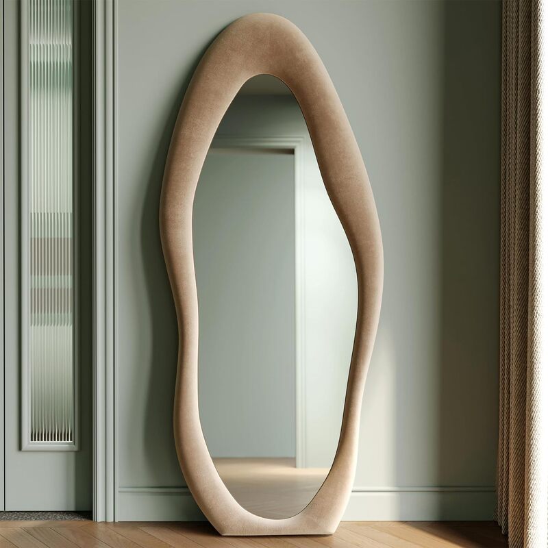 Espelho de chão cheio com flanela para quarto, espelho grande com moldura de madeira, design ondulado irregular, suspensão ou lazer, 63 pol x 24 pol