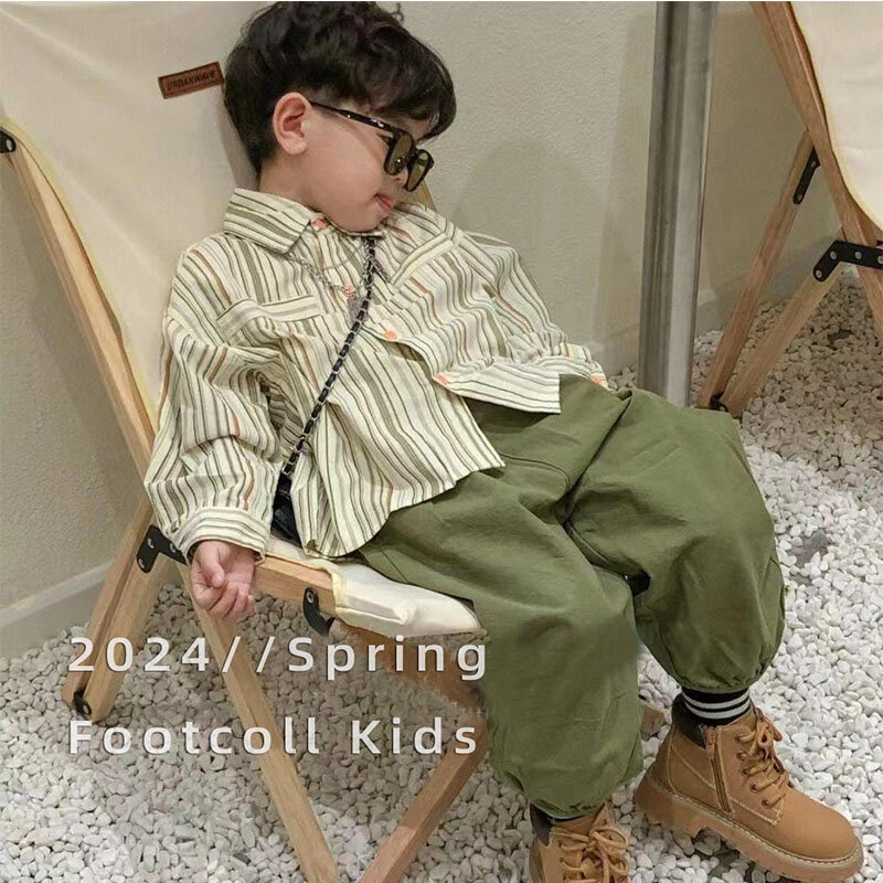 2024 Boys Striped Suit Baby Fashion Casual Polo Shirt Two-Piece Spring Autumn Children's Long-Sleeved Clothes Pants Set 12M-5Y