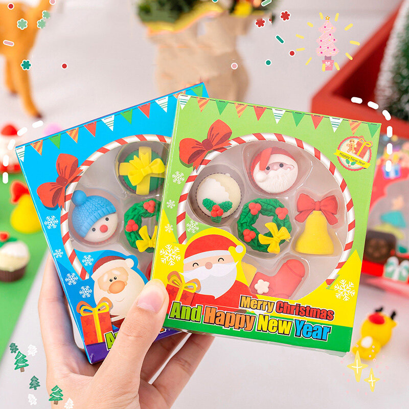 Lindos accesorios de goma para escritorio, juego de borrador de Navidad coreano, borradores divertidos de dibujos animados de Santa Claus